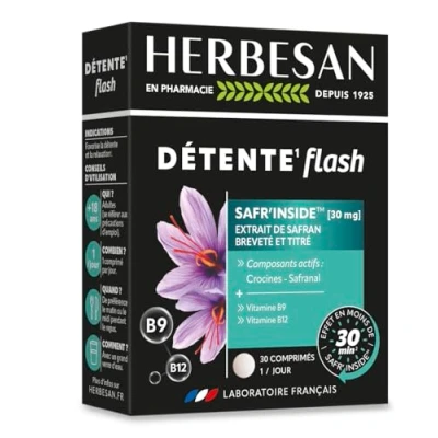 Image de HERBESAN DÉTENTE FLASH SAFRAN SAFR&#039;INSIDE™ Agit en moins de 30 minutes sur le stress Équilibre émotionnel et nerveux Études cliniques comprimés