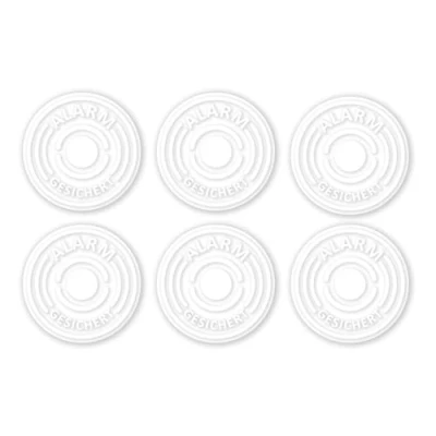 Image de iSecur 6 autocollants sécurisés avec alarme I Transparent Ø 4 cm Adhésif extérieur UV + résistant aux intempéries Remarque Attention système d&#039;alarme Blanc hin_366