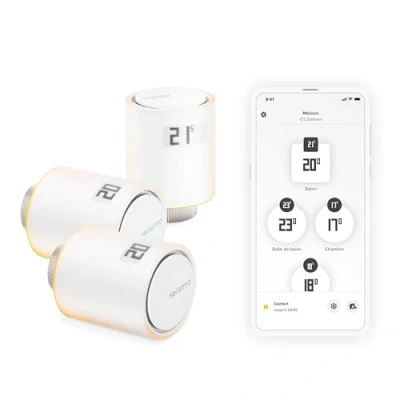 Image de Netatmo Pack 3 Têtes thermostatiques Connectées et Intelligentes, Accessoire pour Thermostat Connecté Intelligent, Vannes Radiateurs, NBU NAV EU