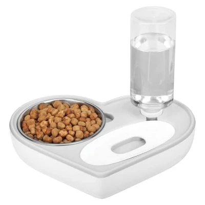 Image de Belle Vous Gamelle Chien &amp; Chat 2 en 1 avec Distributeur d’Eau Automatique Forme de Cœur 500ml/17oz Bol à Eau Nourriture 350ml/22oz Acier Inoxydable pour Chiots, Chatons