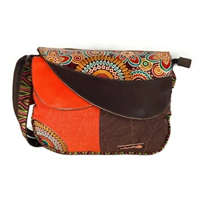 Image de Macha sac à bandoulière main en coton et cuir avec inserts imprimés colorés, ethnique indien pour femme hippie boho, châtaigne, Width: 35 cm Height: 28 Bellows: 10
