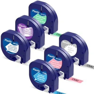 Image de Markurlife Compatible avec Dymo LetraTag Ruban Plastique 12mm x 4m Recharge pour LT 100H 100T QX50 XR XM 2000 Étiqueteuse, 6 Pack, Noir sur Transparent/Blanc/Argent/Bleu/Sakura Poudre/Vert