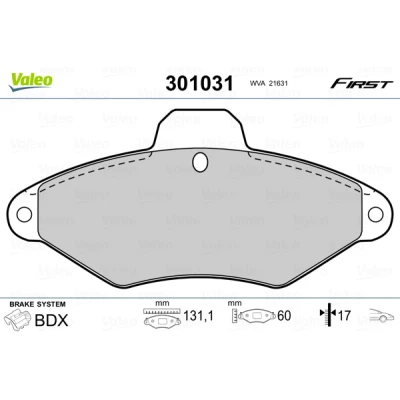 Image de VALEO 301031 Jeu de plaquettes frein FIRST Essieu avant contact signal d&#039;usure exclu sans tôle anti bruit CITROËN: Xantia 5 portes