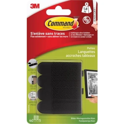 Image de Command Languettes Accroches Tableaux, Petit Modèle, 4 x 2 Languettes, 1,8 kg, Noir sans Outils Fixation Dommage