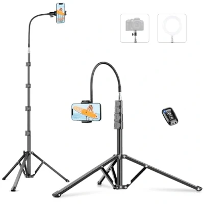 Image de Victiv 224cm Haute Trepied Smartphone, Trépied Téléphone en Aluminium avec Col de Cygne Réglable, Télécommande &amp; Support Telephone, Extensible Appareil Photo Rotule à 360 pour DSLR Canon