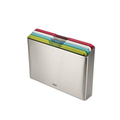 Image de Joseph Folio Icon Steel Ensemble de 4 Planches à Découper Cuisine, Antidérapantes, Code Couleur avec étui Rangement, Grand, Acier Inox/Multicolore