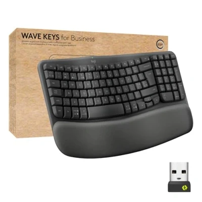 Image de Logitech Wave Keys for Business, Clavier Ergonomique sans Fil avec Repose Poignets rembourré Graphite, Espagnol QWERTY
