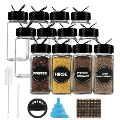Image de Lot de 12 pots à épices carrés en verre 120 ml avec couvercle noir, entonnoir, brosse, étiquettes et stylo craie, 10,5 x 4,3 cm