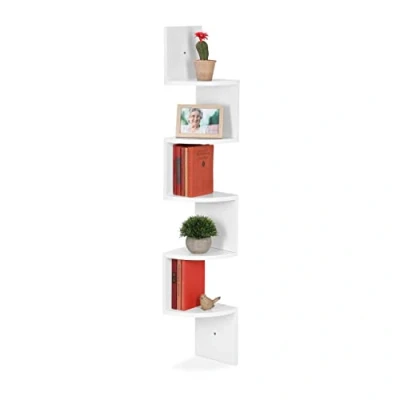Image de Relaxdays Étagère d’Angle à 5 Plateformes, Suspendre, Design Zigzag, Murale, MDF, HxLxP 122 x 19,5 cm, Blanc