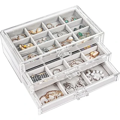 Image de Procase Boîte à Bijoux Transparente, 3 Plateaux Tiroir, avec Séparateurs Amovibles, Rangement Tiroir Acrylique, Range Boucles d’Oreille Bagues Colliers Bracelets Gris