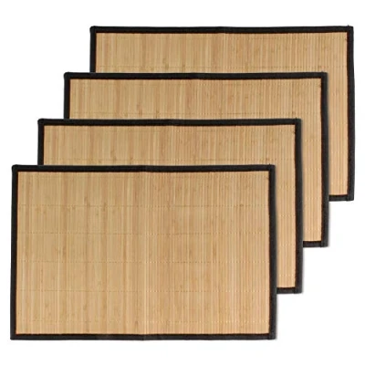 Image de BambooMN Lot de 4 sets table en bambou avec bordure tissu Impression couleur unie 44,5 x 30,5 cm Marron noire