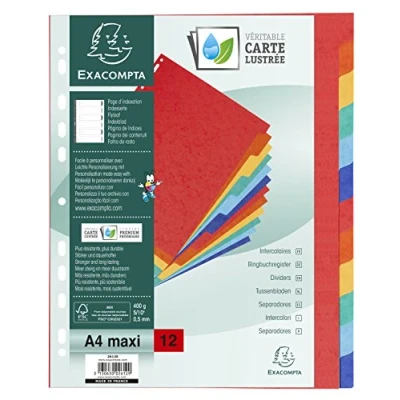 Image de Exacompta Réf. 2612E Intercalaires en véritable carte lustrée rigide 400g/m2 FSC® avec 12 onglets neutres Page d&#039;indexation fournie Format à classer A4 maxi Dimensions 24,5 x 29,7 cm