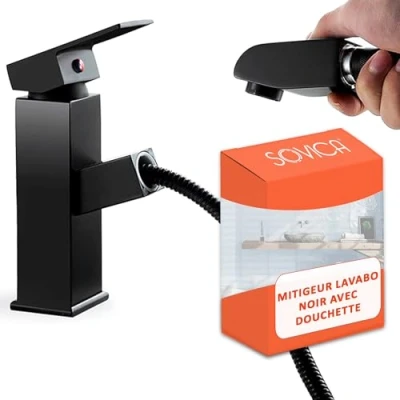 Image de Mitigeur lavabo noir douchette acier inox eau chaude et froide avec 2 flexibles inclus robinet salle de bain