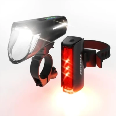 Image de Kit d&#039;éclairage de vélo FISCHER PLUS 110 + TWIN STOP LED Noir Rechargeable Pour être vu