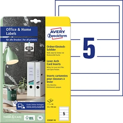 Image de Avery Zweckform C32267 10 Lot de Étiquettes pour Dos Classeur (50 54 x 190 mm sur Format A4, Micro Perforation, Idéal le Bureau à Domicile) Blanc