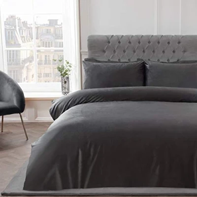 Image de Sleepdown Parure de lit Unie en Velours Mat Super Doux avec Housse Couette et taies d&#039;oreiller Double (200 x 200 cm) Gris Anthracite