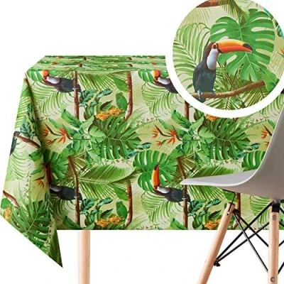 Image de KP HOME Exotique Vert Nappe Plastique Motif à Jungle Feuilles et Oiseaux Toucan Verte Palm Toile Cirée Rectangulaire 140x200 Essuyable Imperméable PVC Ciree
