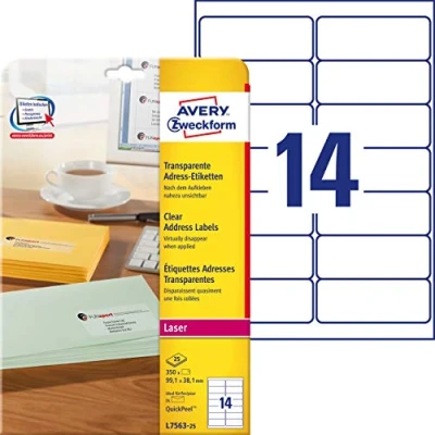 Image de Avery Zweckform L7563 25 Etiquettes transparentes 99,1 x 38,1 mm feuilles (Import Allemagne)
