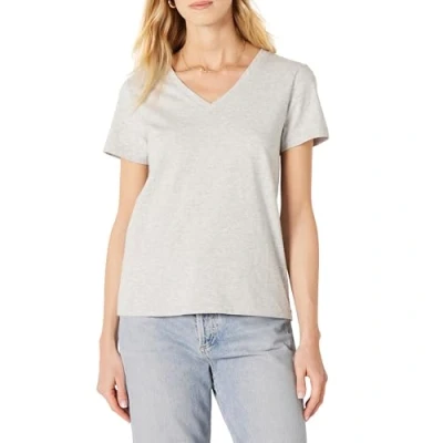 Image de Amazon Essentials T shirt à Manches Courtes et Col en V 100 % Coton, Coupe Classique Femme, Gris Clair Chiné, XL