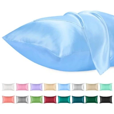 Image de Lirex 2PK Taies D&#039;oreiller en Satin, Taie Microfibre de Soie Couleur Unie Douce, Fermeture D&#039;enveloppe, Infroissable, Résistante à la Décoloration, Respirante (Bleu Clair, 40 x 80 cm)