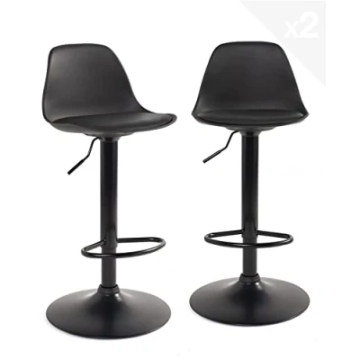 Image de KAYELLES Lot de 2 tabourets Bar Noir Design Coussin Simili Cuir rembourré, Repose Pied, réglable en Hauteur et pivotant 360 SIG (Noir intégral)