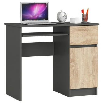 Image de AKORD Bureau Informatique d&#039;ordinateur Piksel Tablette Clavier Droit Desk 1 Tiroir et Compartiment avec Porte Table d’étude L90 x H77 P50 cm Gris Graphite/Chêne Artisanal