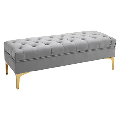 Image de HOMCOM Banc Banquette capitonnée Bout de lit Style Classique Chic dim. 118L x 45l 42H cm piètement métal doré Velours Gris Clair