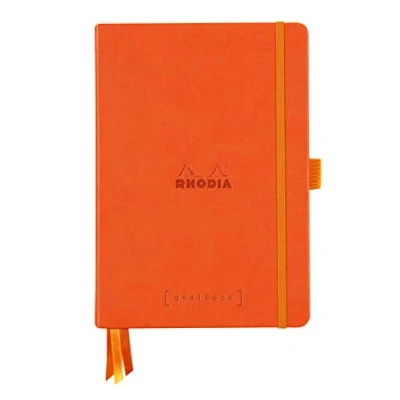 Image de RHODIA 118583C Carnet Rigide Bullet Journal Goalbook Tangerine A5 14,8 x 21 cm Pointillés Dot 240 pages Papier Clairefontaine Blanc 90 g/m² 3 Rubans, Fermeture Élastique Simili Cuir