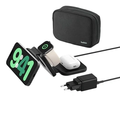 Image de Belkin BoostCharge Pro Station de Recharge aimantée 3 en 1 Portable avec Qi2 (Chargeur Compatible MagSafe, Pliable, 15 W, pour iPhone 16, 15, 14, Apple Watch Series 10, AirPods)