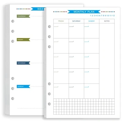Image de Zelten Recharge de papier perforé multicolore 45 feuilles 90 pages Pour reliure à 6 trous Journal intime rechargeable (A5, Weekly Monthly Planner)