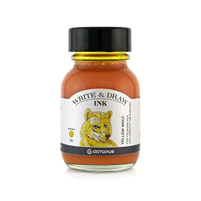Image de Octopus Write and Draw Ink 382 Yellow Wolf, encre imperméable pour écrire et dessiner, de calligraphie, dessin résistante à la lumière stylo plume, en verre, pinceau, 50 ml