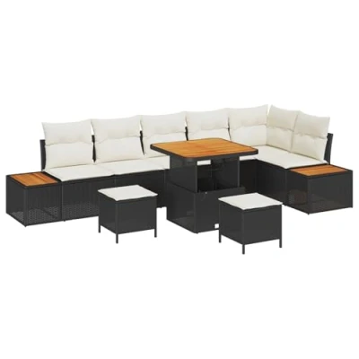 Image de Ensemble de Canapé Jardin 9 Pièces avec Coussins Noir Poly Rotin, 2 Places Gris Rotin 3345869