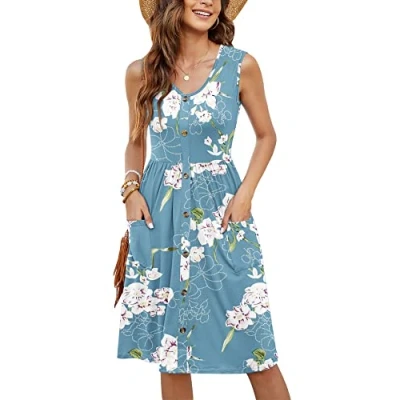 Image de MOLERANI Robe d&#039;été décontractée à col en V pour Femme avec Poches (Bleu Clair Floral, M)