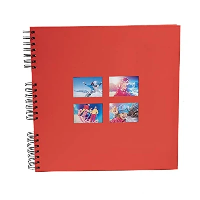 Image de Exacompta Réf. 15121E Album photos à spirales MILANO 360 60 pages noires format 32 x cm couverture en papier rouge effet textile fenêtre de personnalisation certifié FSC