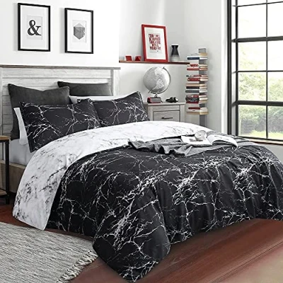 Image de Housse de Couette Marque Non Spécifiée 200x200cm Réversible Motif Marbre Noir et Blanc 2 Taies 65x65cm