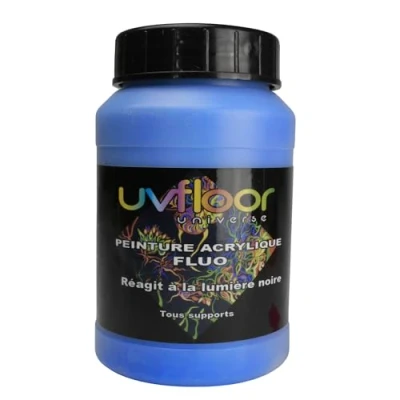 Image de UV FLOOR Peinture Acrylique Bleu Fluo Spéciale Lumière Noire Et Ultra Violet Flashy Fluide Pigmentée Fluorescent 250ml