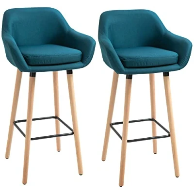 Image de HOMCOM tabourets de Bar Design scandinave Lot 2 Grand Confort avec Repose Pieds et accoudoirs Bois d&#039;hévéa Lin Bleu