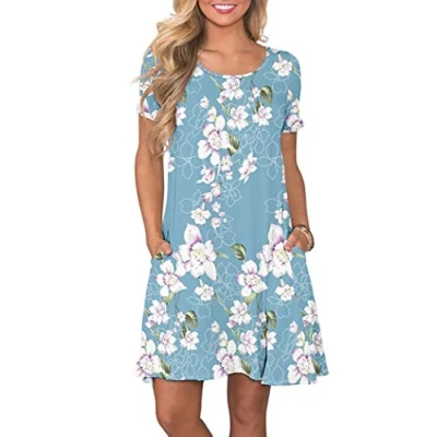 Image de AUSELILY Femmes Robes D&#039;été à Manches Courtes Décontracté T Shirt Robe Ample Courte avec Poches Fleuri Bleu Clair M