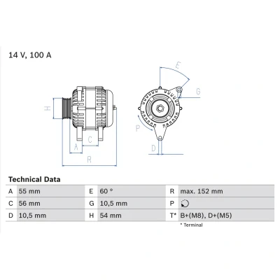 Image de BOSCH 0 986 047 280 Alternateur 14V 100A OPEL: Astra H 3/5 portes, Corsa C GTC, VAUXHALL: Mk5, Mk2