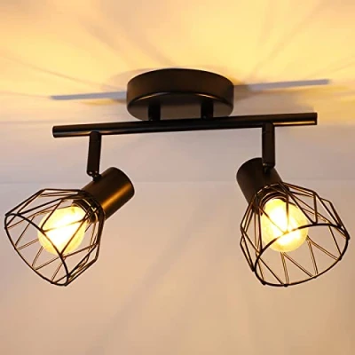 Image de Dehobo Plafonnier Industriel Spots et Rails de Noir, 2 LED Orientable avec Douille E14, Plafond 40W, Rampe Spot Applique, pour Cuisine Chambre Salon