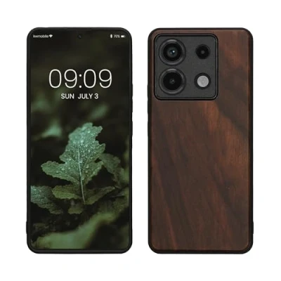 Image de kwmobile Housse Compatible avec Xiaomi Redmi Note 13 Pro 5G / Poco X6 5Gcoque Étui de Protection Rigide en Bois Cadre TPU Brun foncé