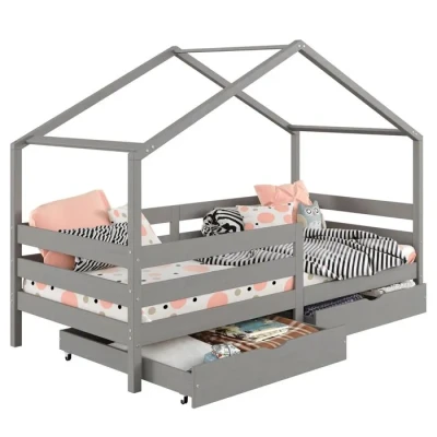 Image de IDIMEX lit cabane ENA Enfant Simple Montessori 90 x 190 cm, avec 2 tiroirs de Rangement, en pin Massif lasuré Gris