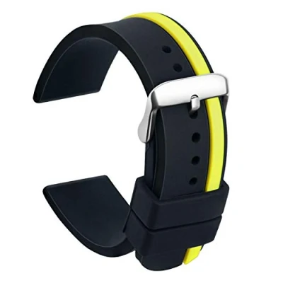 Image de ULLCHRO Bracelet Montre Remplacer Silicone Bicolore 20, 22, 24mm Caoutchouc avec Acier Inoxydable Boucle (24mm, noir et jaune)