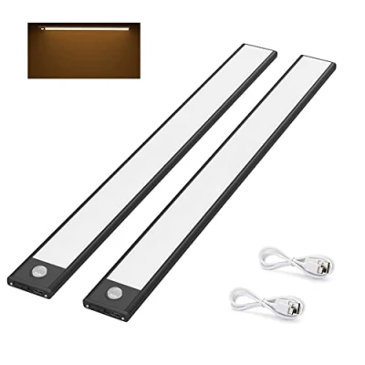 Image de Klighten 2 Pcs Lampe de Placard 73 LED, 40cm, Sans Fil, Rechargeable par USB, Aimanté, Détecteur Mouvement, 3 Modes d’Éclairage, Portable, Lumière Placard, Blanc Chaud 3000K, Noir