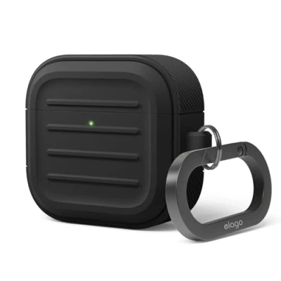 Image de elago Coque Armor Compatible avec l&#039;étui AirPods 4e Génération 4, Mousqueton Inclus, la Charge sans Fil, Résistant aux Chocs, Protection Totale (Noir)