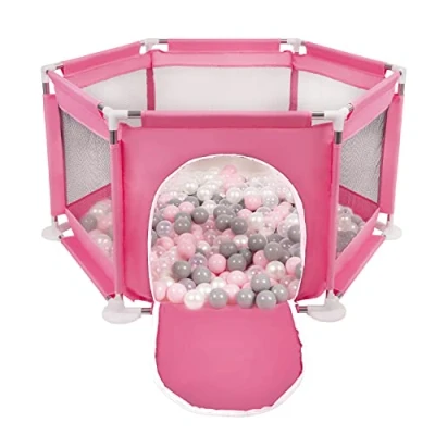 Image de Selonis Parc Bébé Hexagonal Pliable Avec 100 Balles Plastiques, Rose:Perle/Gris/Transparent/Rose Poudré