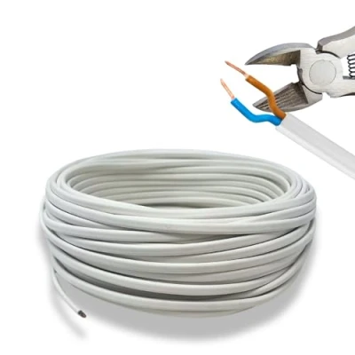 Image de HALOTEC 25 mètres Câble électrique 2 fils 2x0.75 H03VVH2 F Double isolation PVC d&#039;installation Blanc plat deux