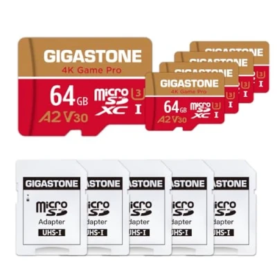 Image de Gigastone Carte Mémoire 64 Go Lot de 5 Cartes, 4K Game Pro, Compatible avec GoPro Switch, Vitesse 95 Mo/s. A2 U3 V30 Micro SDXC Adaptateur SD.