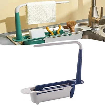 Image de TOKLYUIE Updated Telescopic Sink Storage Rack, Adjustable Sponge Soap Holder Rack Holder, Expandable Drain Basket for Home Kitchen (Nordic Blue)
