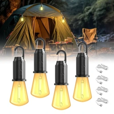 Image de BrightWish Lot de 4 lampes camping LED rechargeables, portables, avec 3 modes luminosité, étanchéité IP65, lampe tente rechargeable, accessoires pour l&#039;extérieur, urgence, panne